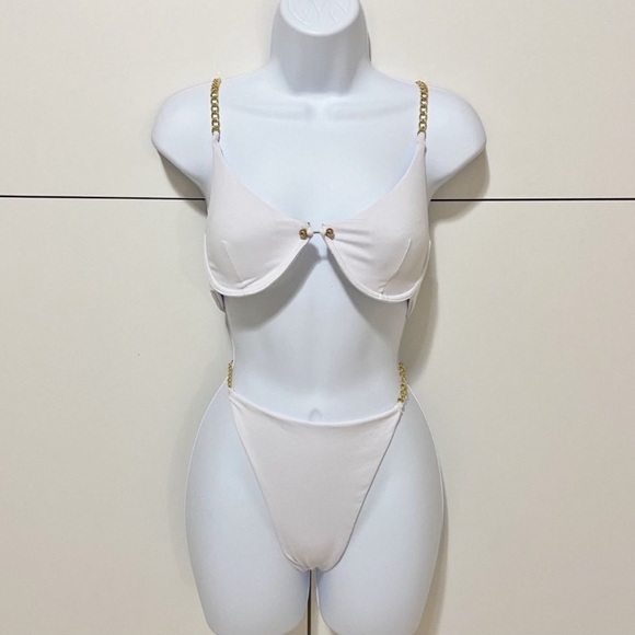 White Bikini with Gold Metal Strap Accents Womens Size Large - Picture 2 of 5